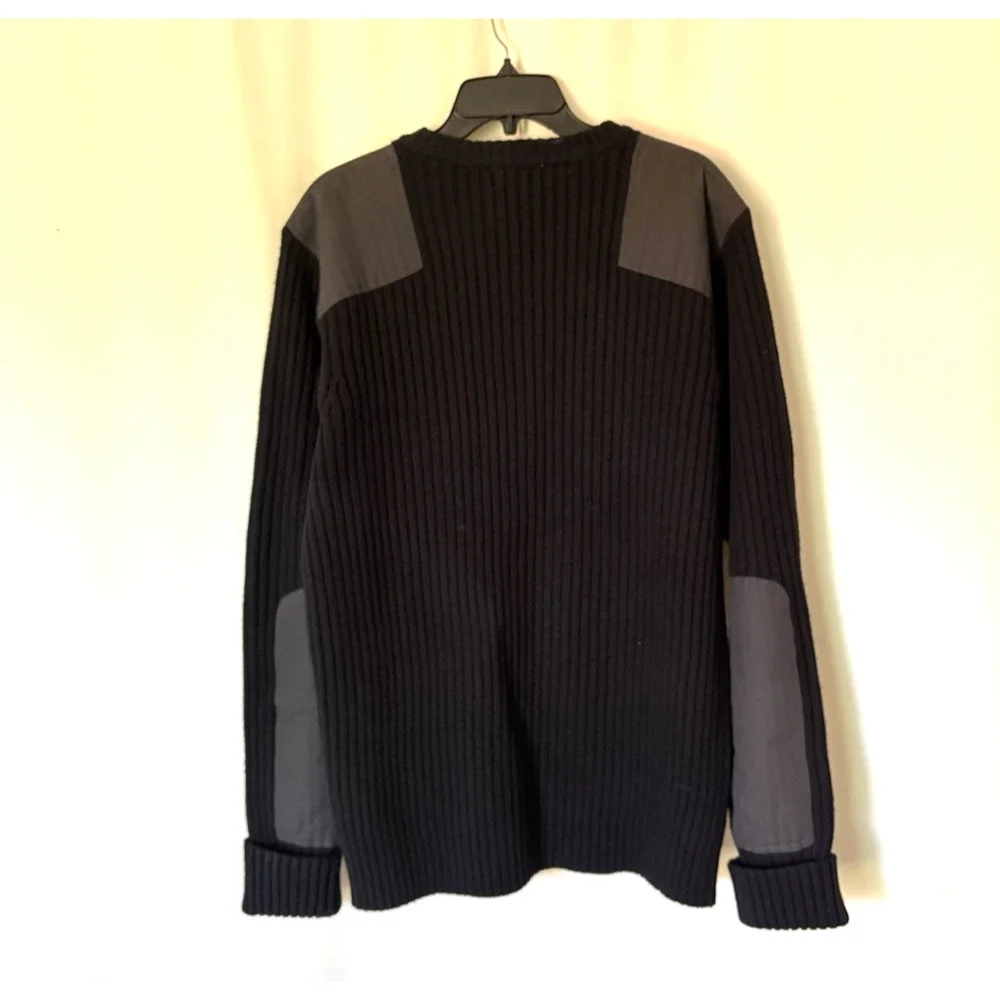 LL Bean Mens Sweater XL Wool Black Ribbed Patches Crew Neck